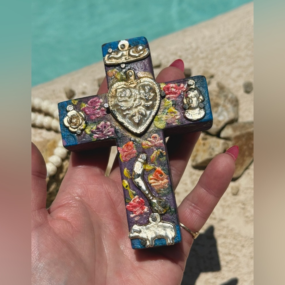 Milagros Silver Metal Charm Spanish Folk Art Painted Wood Cross-Deep Purple